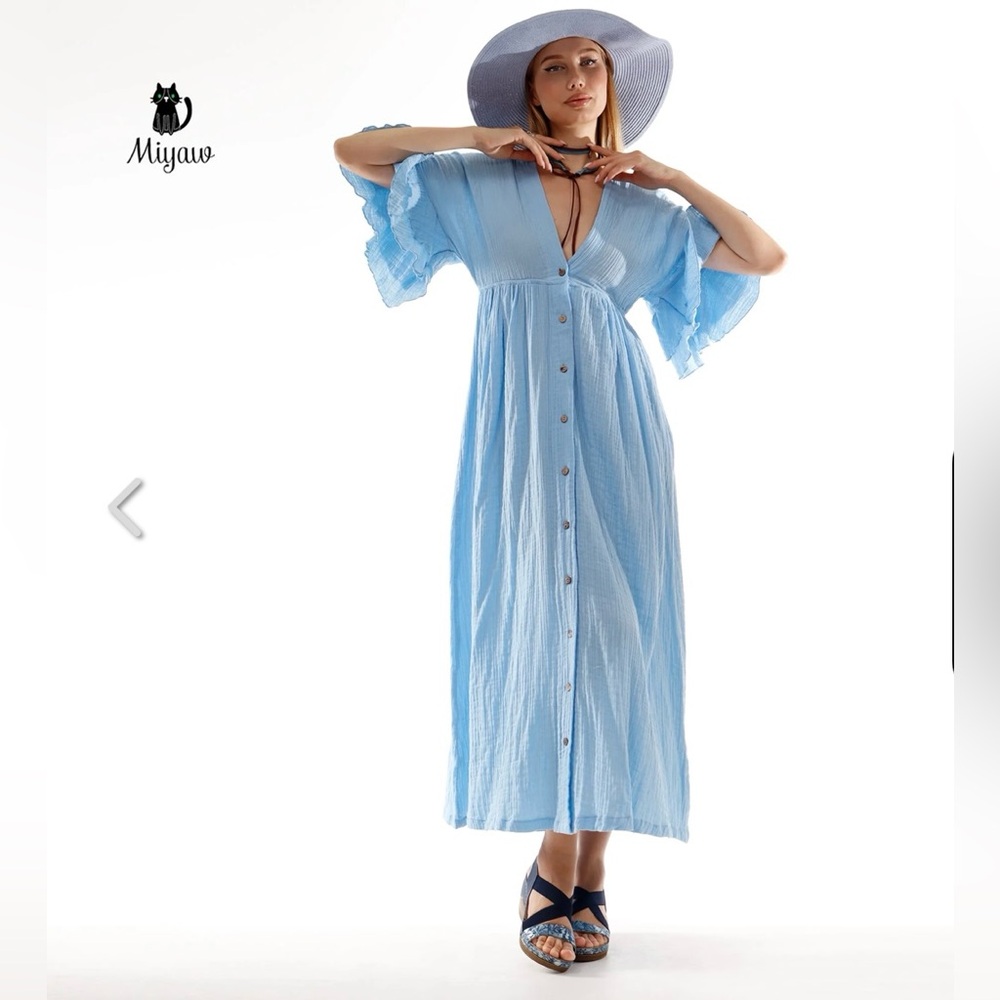 Miyaw Boho Maxi Dress, Bohemian Blue Cotton Dress